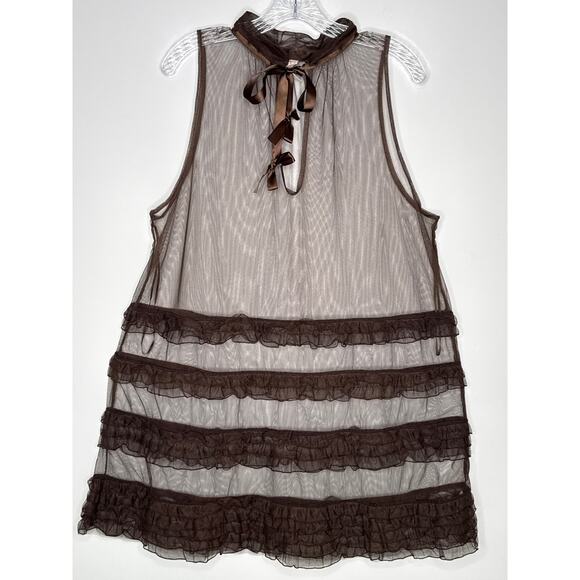 Free People Sheer Brown Tulle Ruffle Mini sexy  Dress with Bow Neck Tie large - Picture 6 of 11